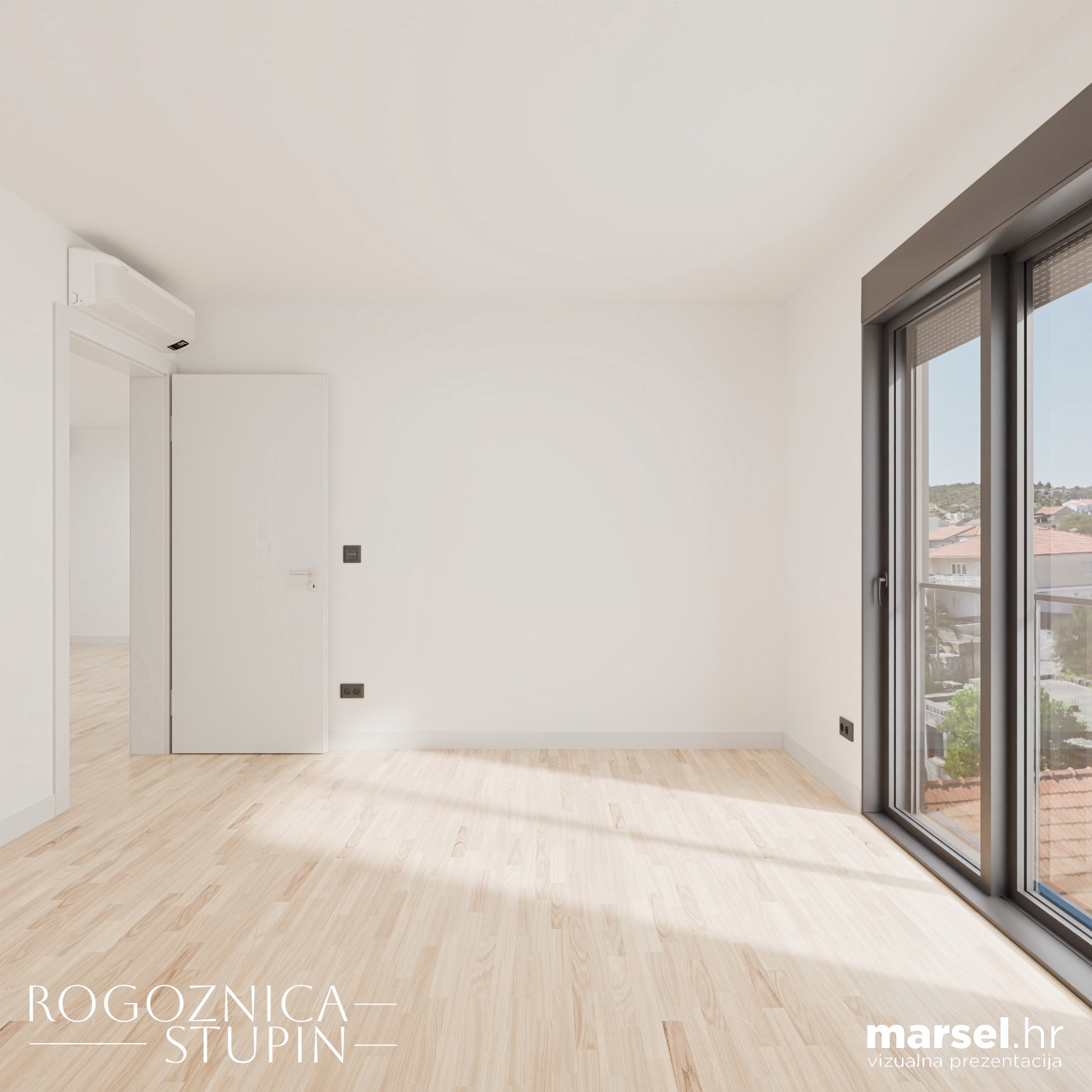 Vizualizacija interijera apartmana u novogradnji Rogoznica Stupin. Prostrani i svijetli unutarnji prostori s pogledom na more, idealni za stanovanje ili investiranje u apartman na dalmatinskoj obali.